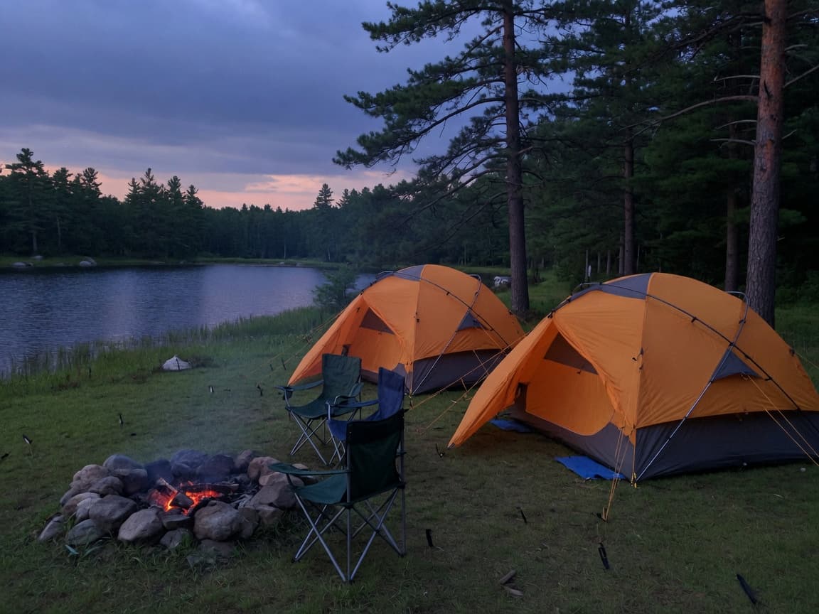Modern dome tents and a campfire by a lake at dusk.