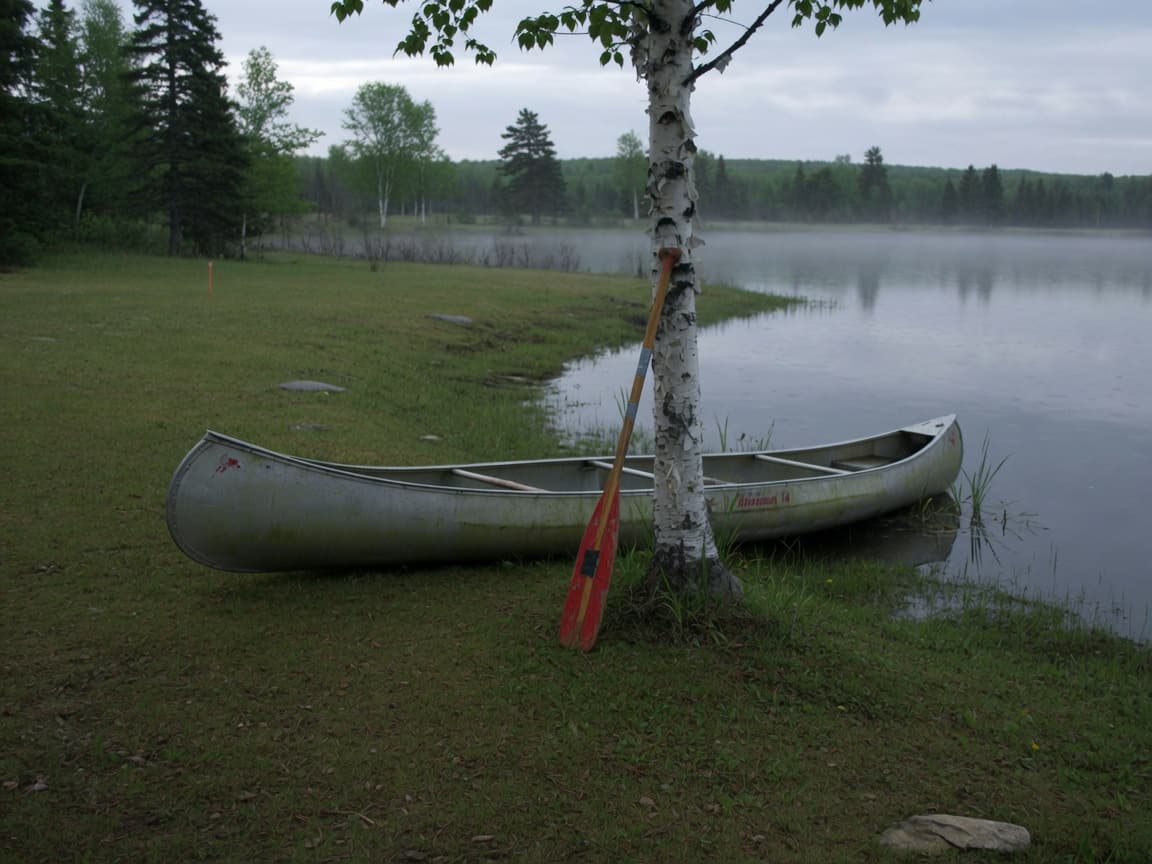 An aluminum canoe and paddle on a misty northwoods lakeshore.