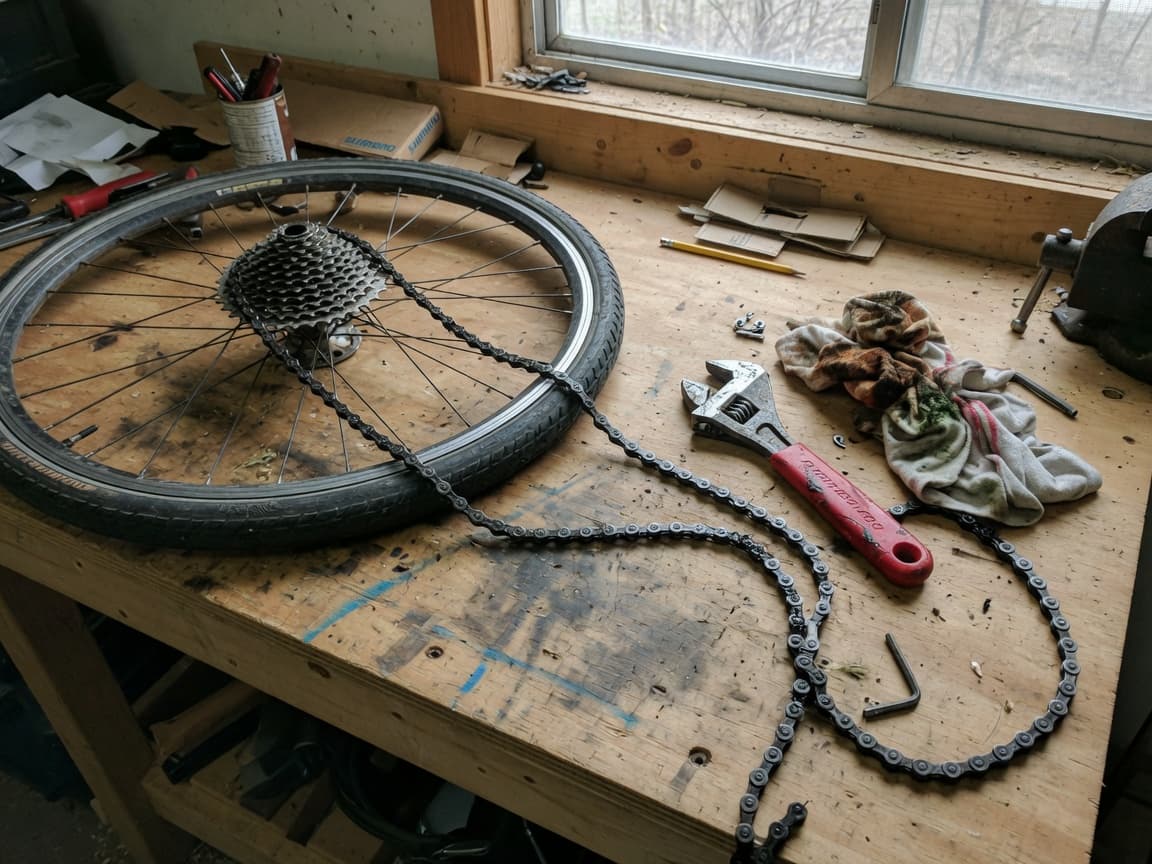 A greasy bicycle cassette and chain on a well-used garage workbench.